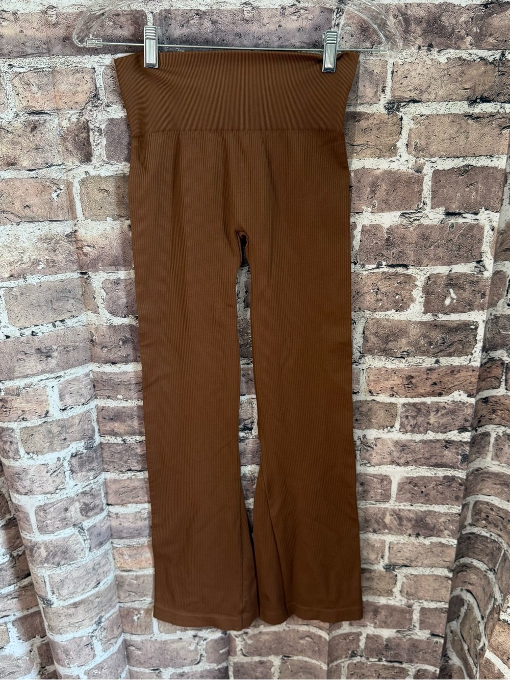 OQQ Women’s Small Brown Ribbed High Waist Flare Leggings Stretch Yoga Pants